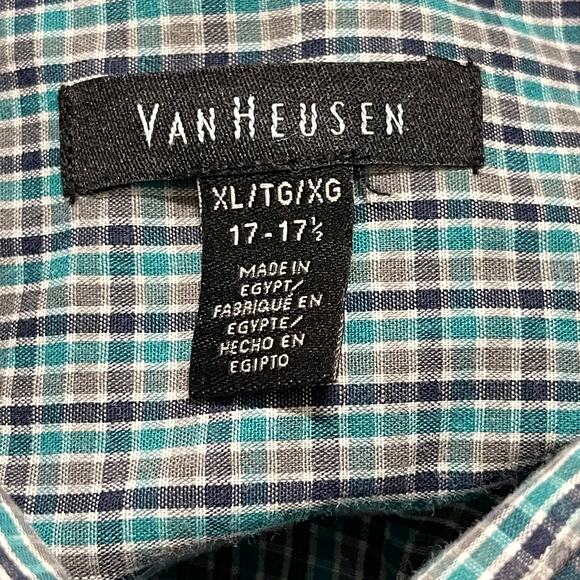 Van Heusen Shirt Men XL Blue Green Checkered Button Up Long Sleeve Cotton Blend - Picture 4 of 8